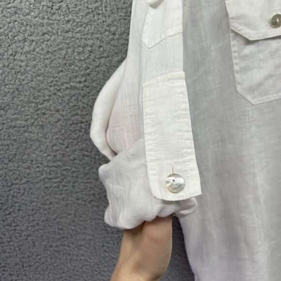 Chicos Button Top XL 3 Linen Pockets Roll Tab Long Sleeve White Beach Hike Fish - Picture 11 of 16